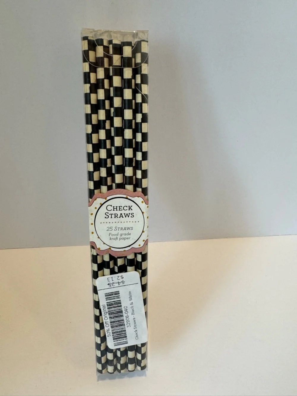 NWT MacKenzie-Childs Black and Cream Check Paper Straws - 25 Pack